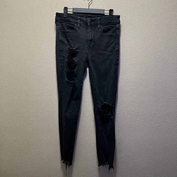 American Eagle Next Level Stretch Hi-Rise Jeggings Black Distressed Cotton Sz 6 - Picture 2 of 9